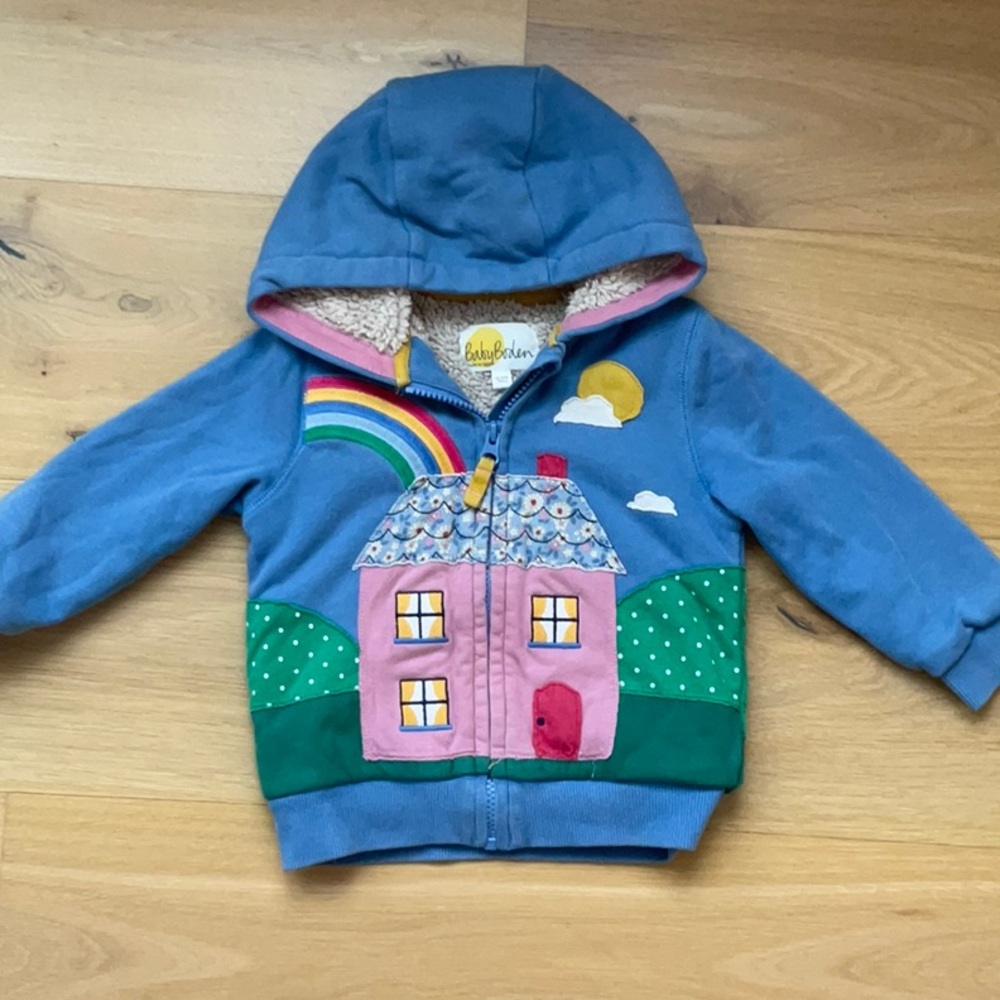 Baby Boden Blue Hoodie with Rainbow House Design